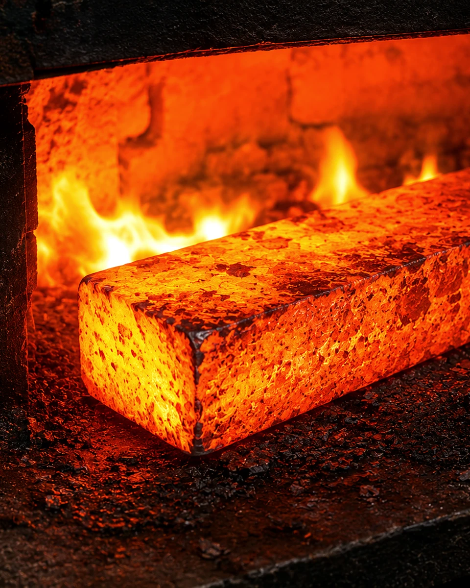 Lingote de aço-carbono aquecido dentro da forja